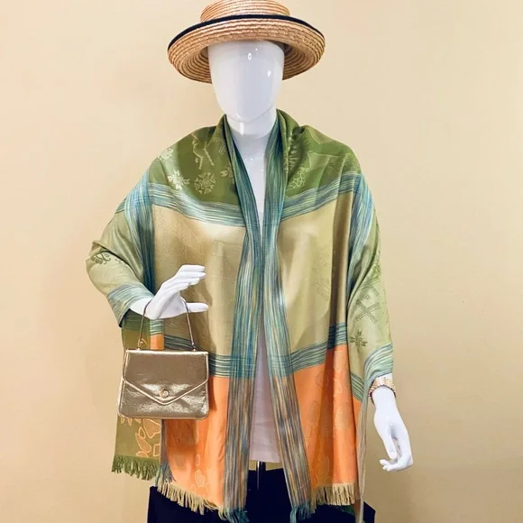 🌟HP🌟NWOT Green, Orange & Yellow Silk & Wool Pashmina Wrap OSFM - Picture 2 of 10